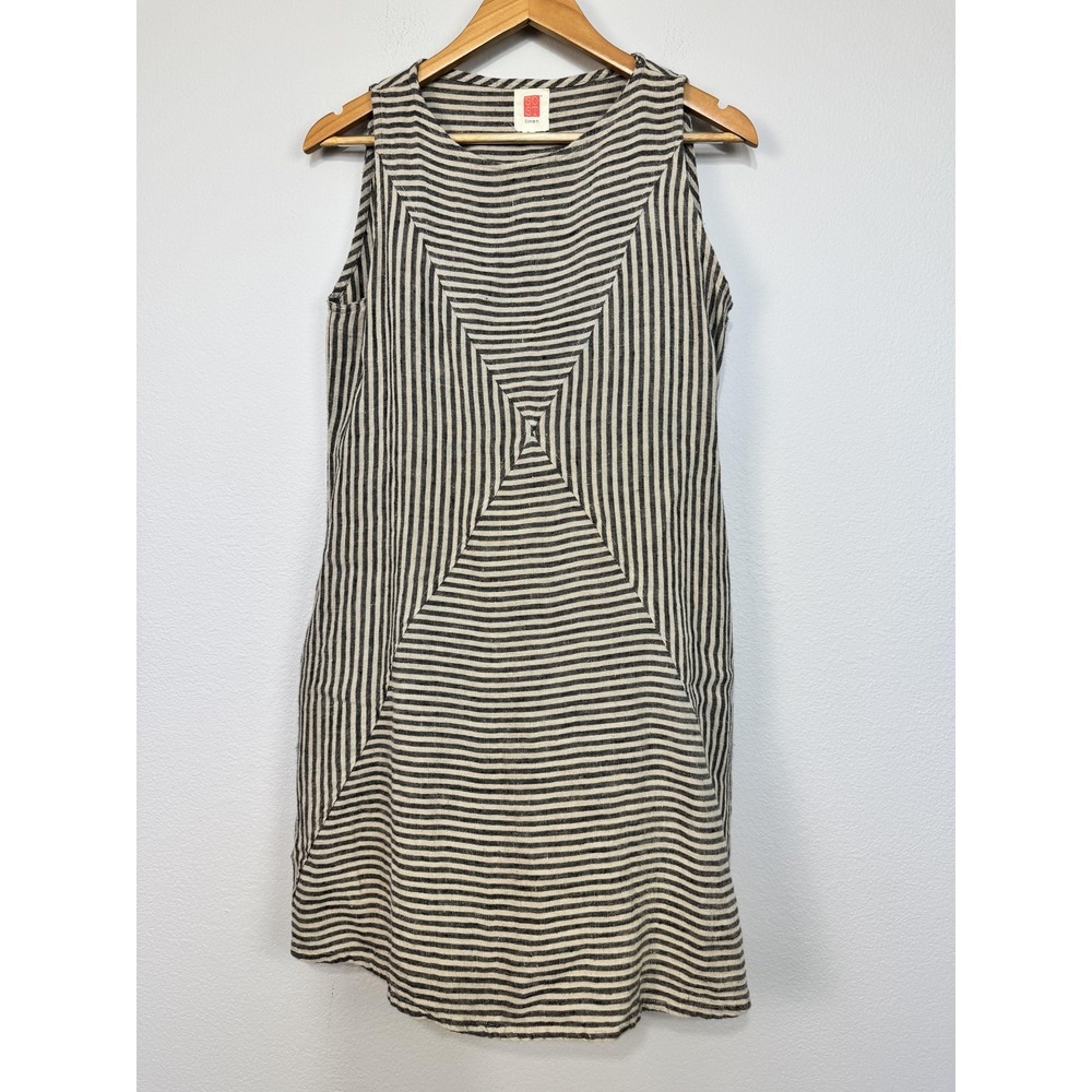 South Street Linen Dress Women's 0 Cream Black Stripe Linen Sleeveless Sundress